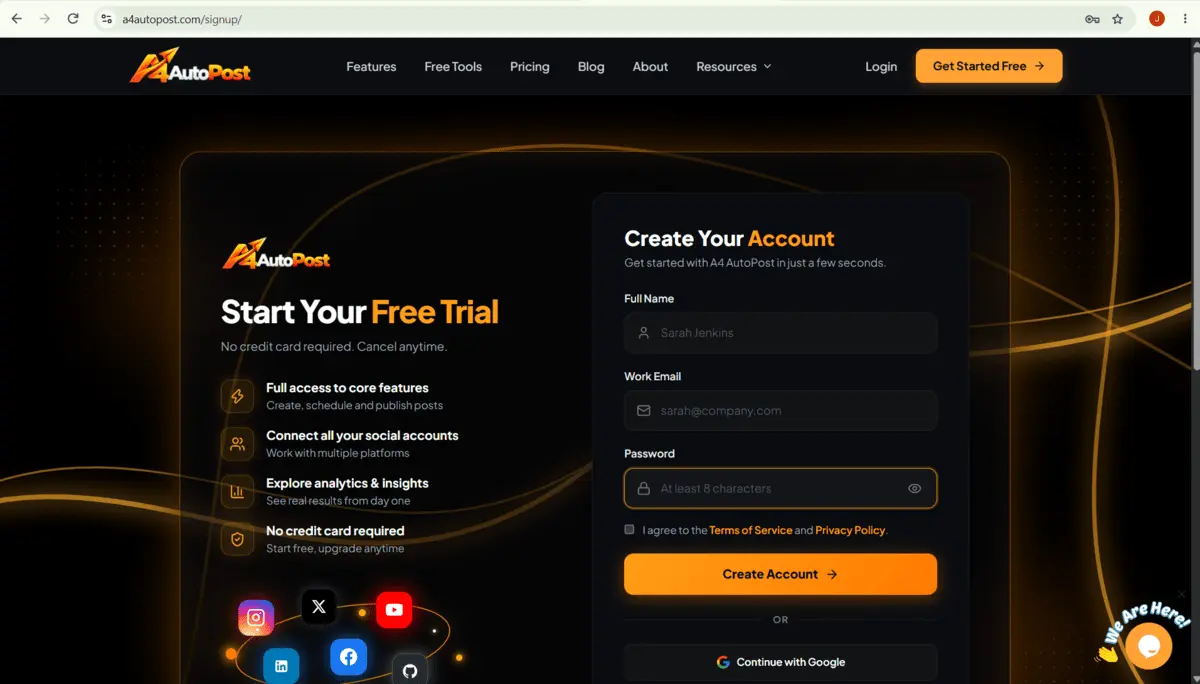 A4AutoPost Signup page